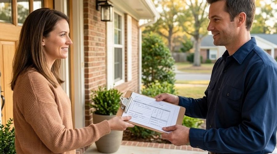 Pest control technician handing written rodent control quote to Huntsville homeowner at front door