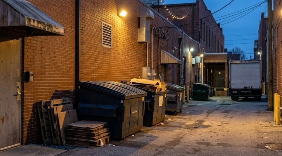 Downtown Huntsville restaurant alley exterior with dumpsters showing commercial Norway rat pressure zones