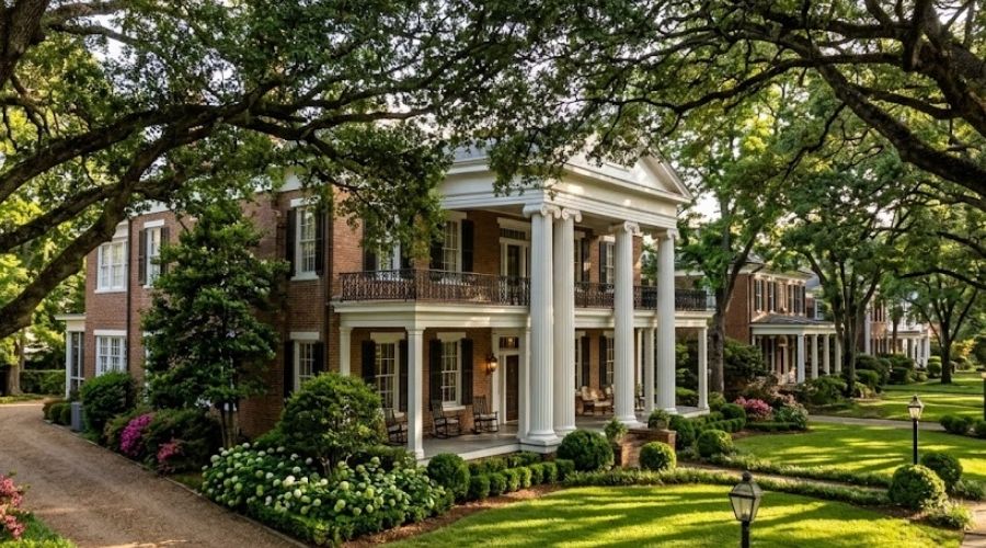 Historic antebellum home on a Twickenham street in Huntsville with mature oak canopy showing rodent control challenges