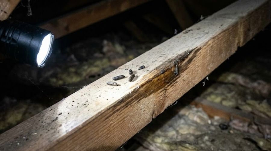 Flashlight view of Huntsville attic rafters showing roof rat droppings and grease marks along travel routes