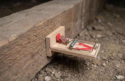 Snap trap set along a baseboard for rat control in Huntsville