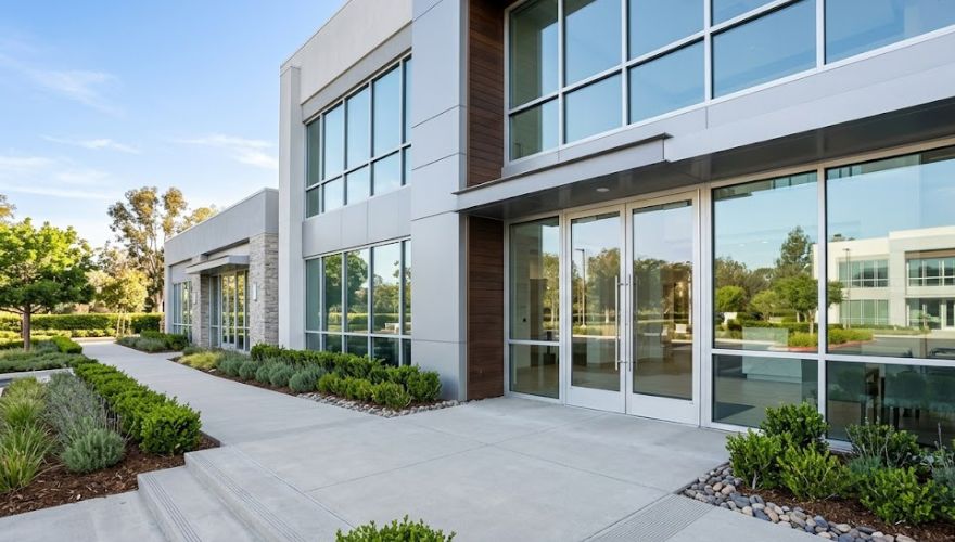 Professional commercial facility exterior in Cummings Research Park Huntsville requiring aerospace and defense rodent control
