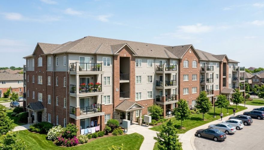 Multi-unit apartment building exterior in Huntsville requiring coordinated property management rodent control