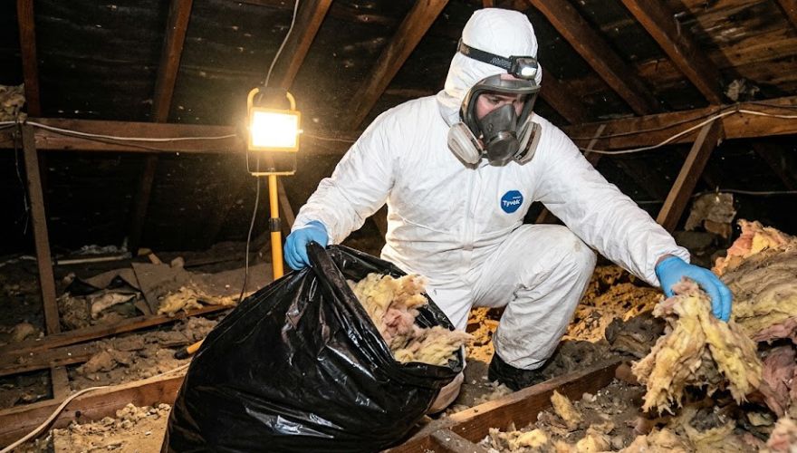 Technician in full PPE using HEPA vacuum during attic rodent cleanup and sanitization in Huntsville