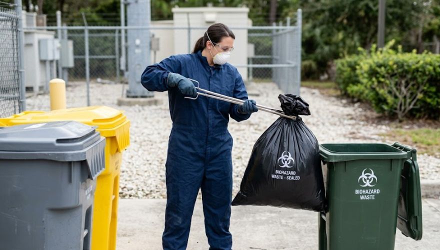 Technician in protective gloves with sealed biohazard bag during professional dead rodent removal in Huntsville