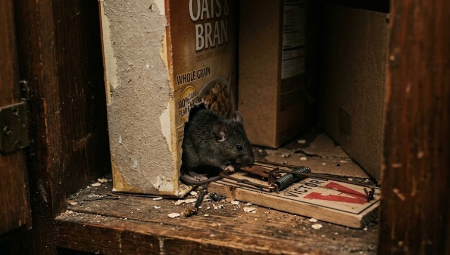 Mouse droppings evidence found in kitchen drawer during Huntsville mice control inspection