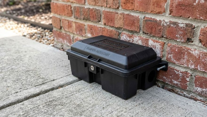 Row of tamper-resistant rodent bait stations installed along building foundation perimeter in Huntsville