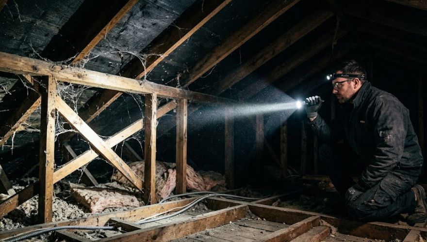 Pest control technician with flashlight and clipboard conducting rodent inspection in Huntsville property